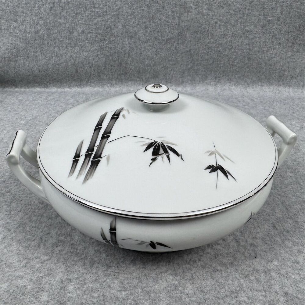 Vintage Hayasi Kutani Covered Vegetable Tureen Dish Silver Bamboo Design